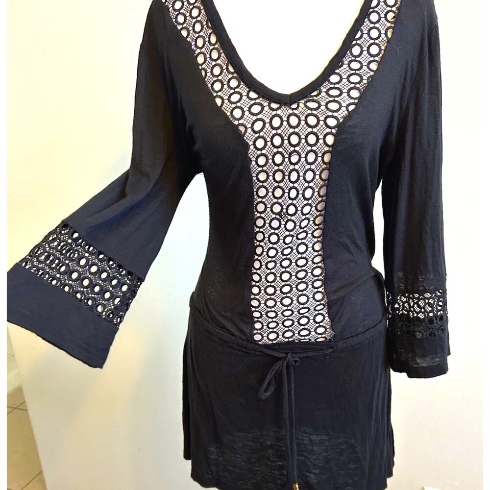 Swimwear Bikini Cover Up Dress Mini Sexy Lace Crochet See Through Beach Black S